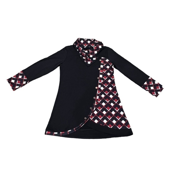 Black Red Geometric Print Faux Button Up Cowl Neck Mini Dress Size Medium Womens - Picture 1 of 4